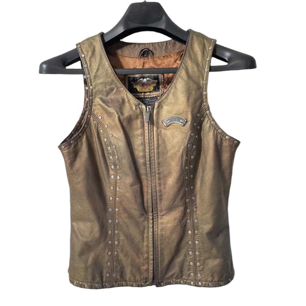 Vintage 2002 HARLEY DAVIDSON Women’s Metallic Leather Sleeveless Zip Front Vest - Picture 2 of 16